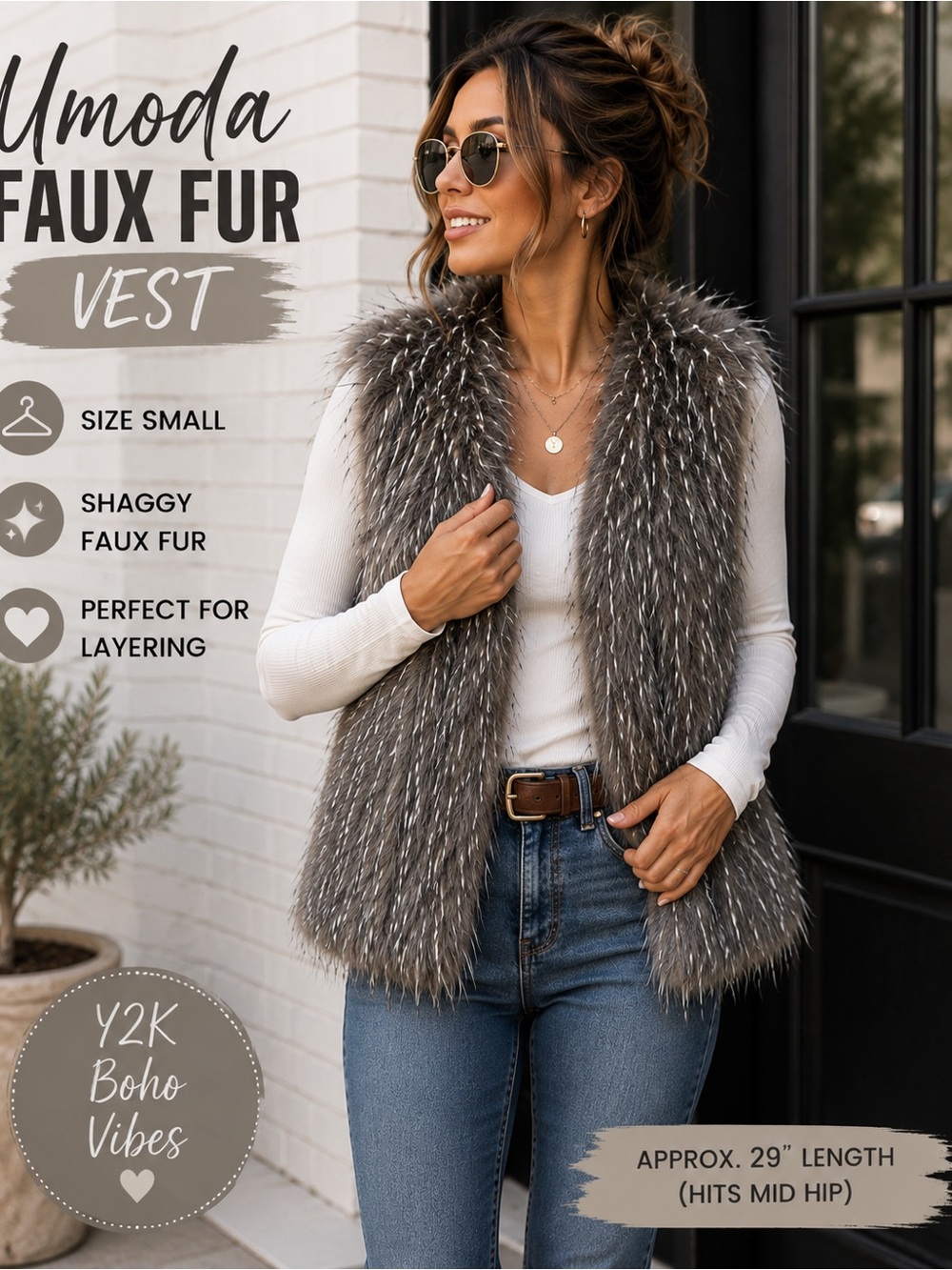 Umoda Gray Faux Fur Long Vest Size S Shaggy Boho Festival Y2K Layer Ski Indie